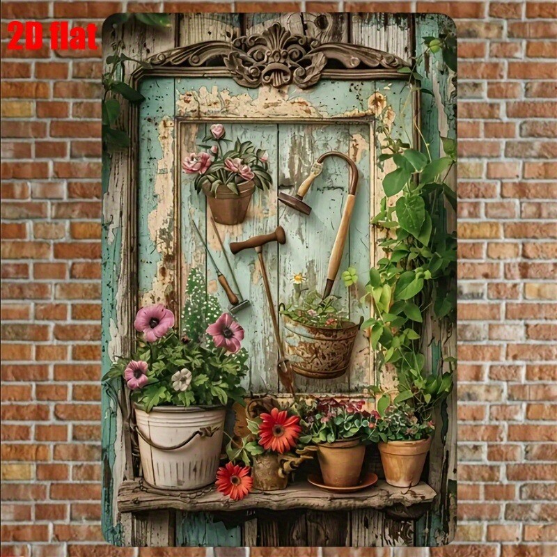 Gardening Tools Vintage - Vintage Çiçekli Metal Tabela 8x12